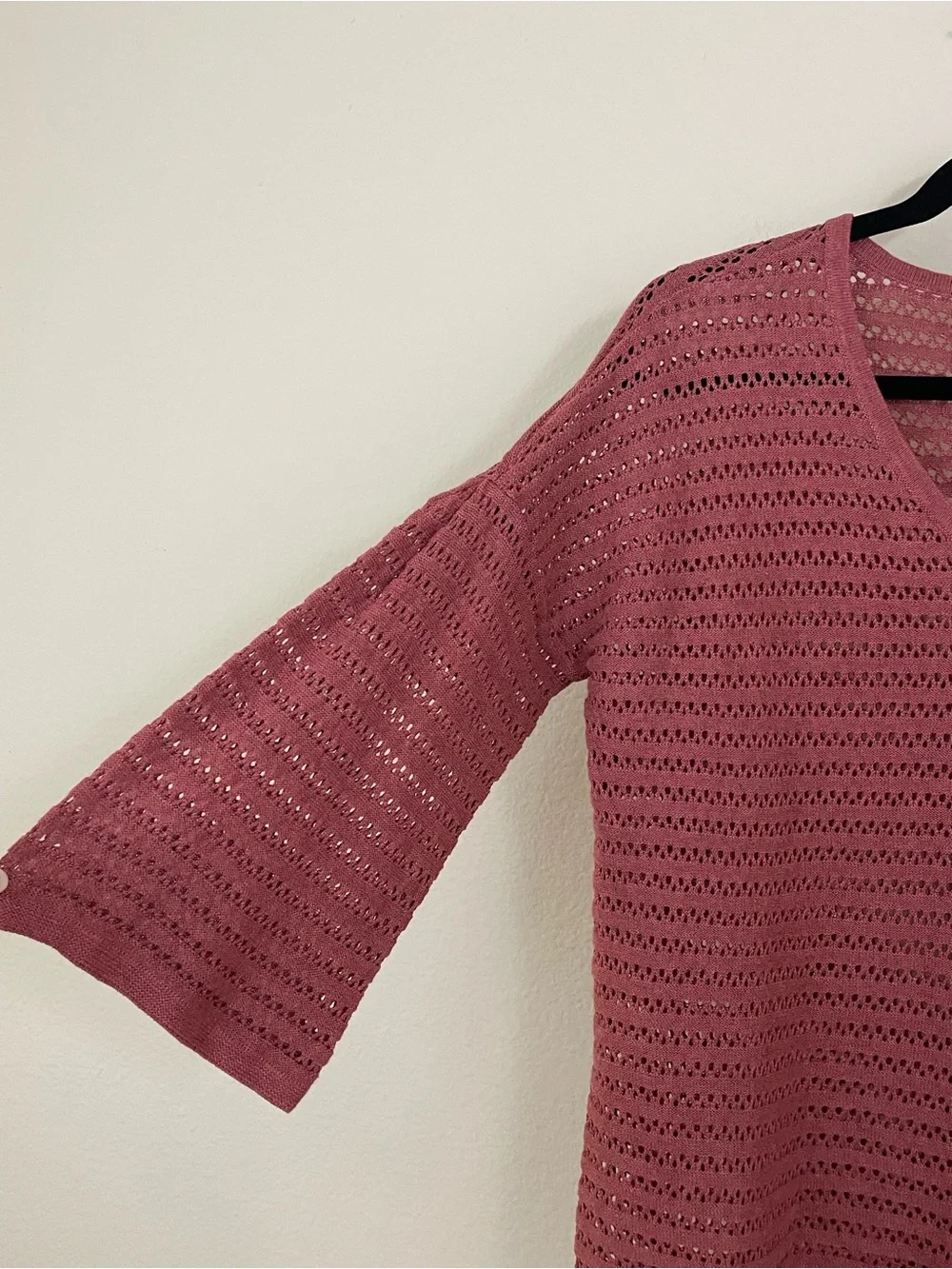Garnet Hill Organic Cotton-Linen Blend Bell-Sleeve Pointelle Sweater Size Small